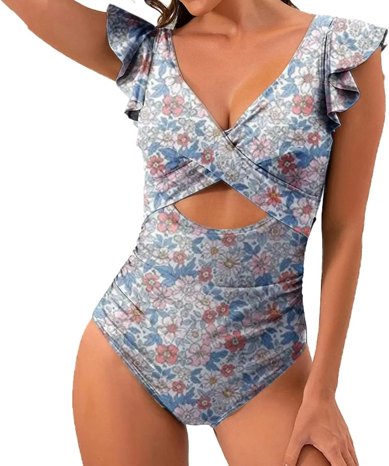 Women's Ruffled One Piece Swimsuits Cross V-Neck Backless Swimwear Tummy Control Cutout High Waisted Bathing Suit