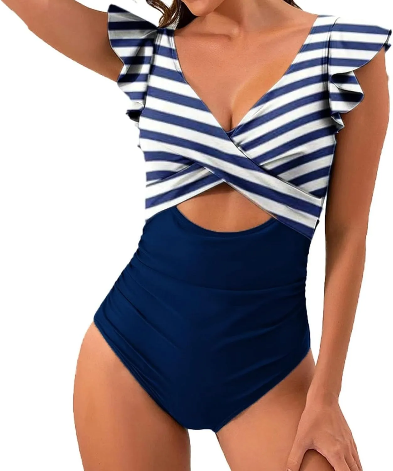 Women's Ruffled One Piece Swimsuits Cross V-Neck Backless Swimwear Tummy Control Cutout High Waisted Bathing Suit