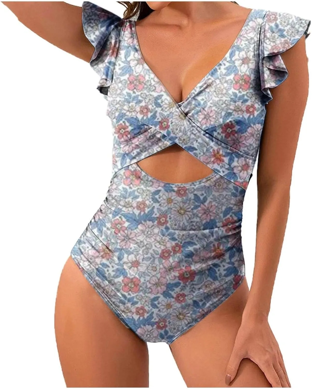 Women's Ruffled One Piece Swimsuits Cross V-Neck Backless Swimwear Tummy Control Cutout High Waisted Bathing Suit