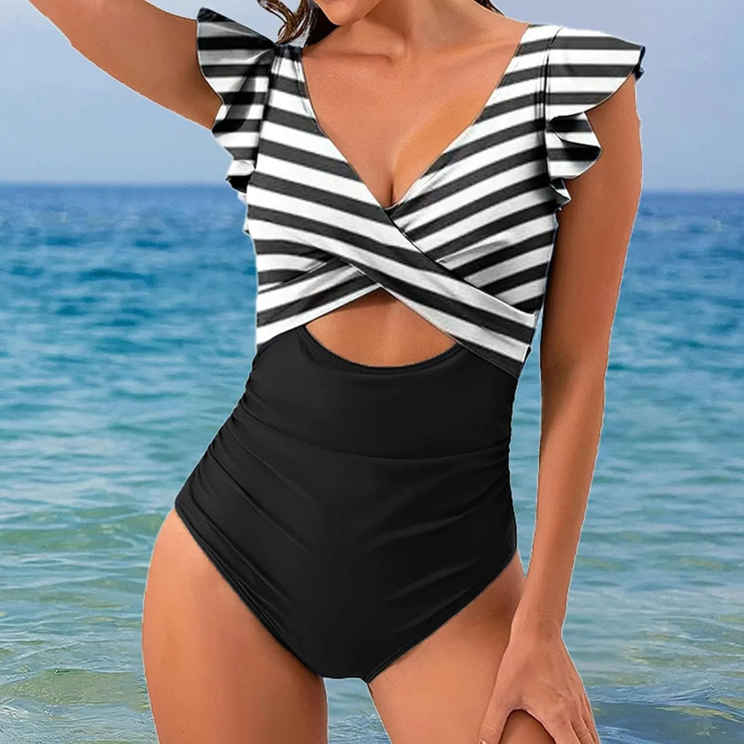 Women's Ruffled One Piece Swimsuits Cross V-Neck Backless Swimwear Tummy Control Cutout High Waisted Bathing Suit