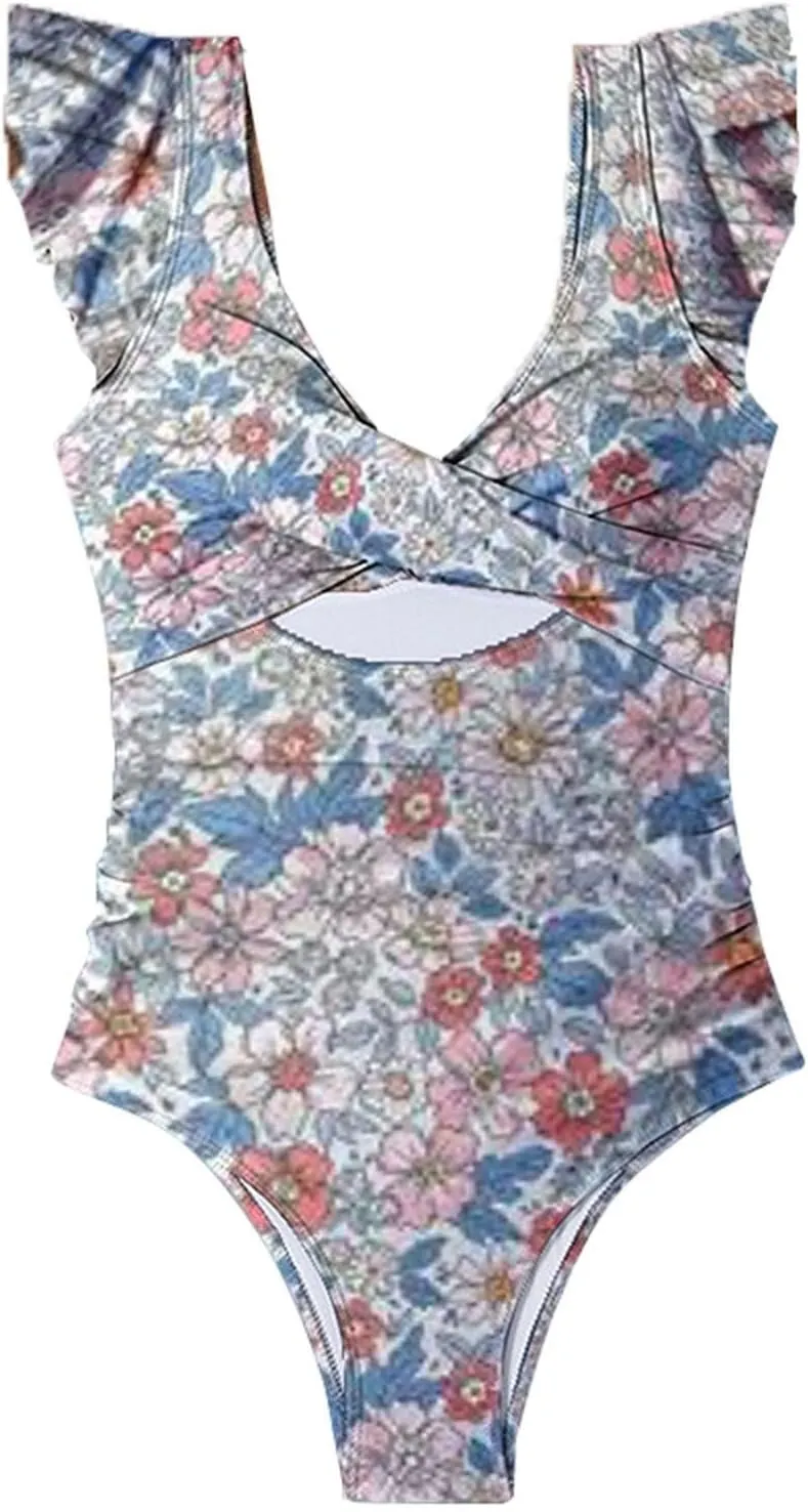 Women's Ruffled One Piece Swimsuits Cross V-Neck Backless Swimwear Tummy Control Cutout High Waisted Bathing Suit