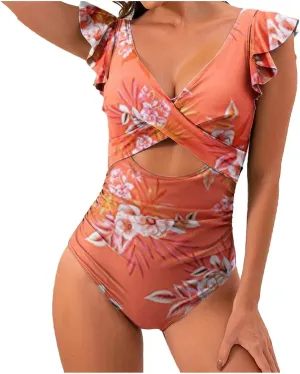 Women's Ruffled One Piece Swimsuits Cross V-Neck Backless Swimwear Tummy Control Cutout High Waisted Bathing Suit