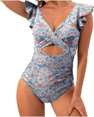 Women's Ruffled One Piece Swimsuits Cross V-Neck Backless Swimwear Tummy Control Cutout High Waisted Bathing Suit