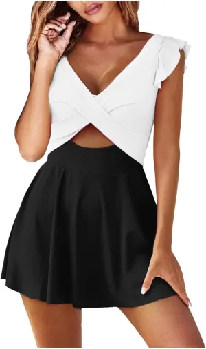 Women's Ruffled One Piece Swimsuits Cross Wrap V-Neck Backless Swimwear Tummy Control Cutout High Waisted Swimdress