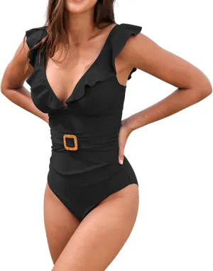 Women's Ruffled One Piece Swimsuits Tummy Control Bathing Suit Sexy Deep V Neck Swimwear High Cut Backless Swimwear