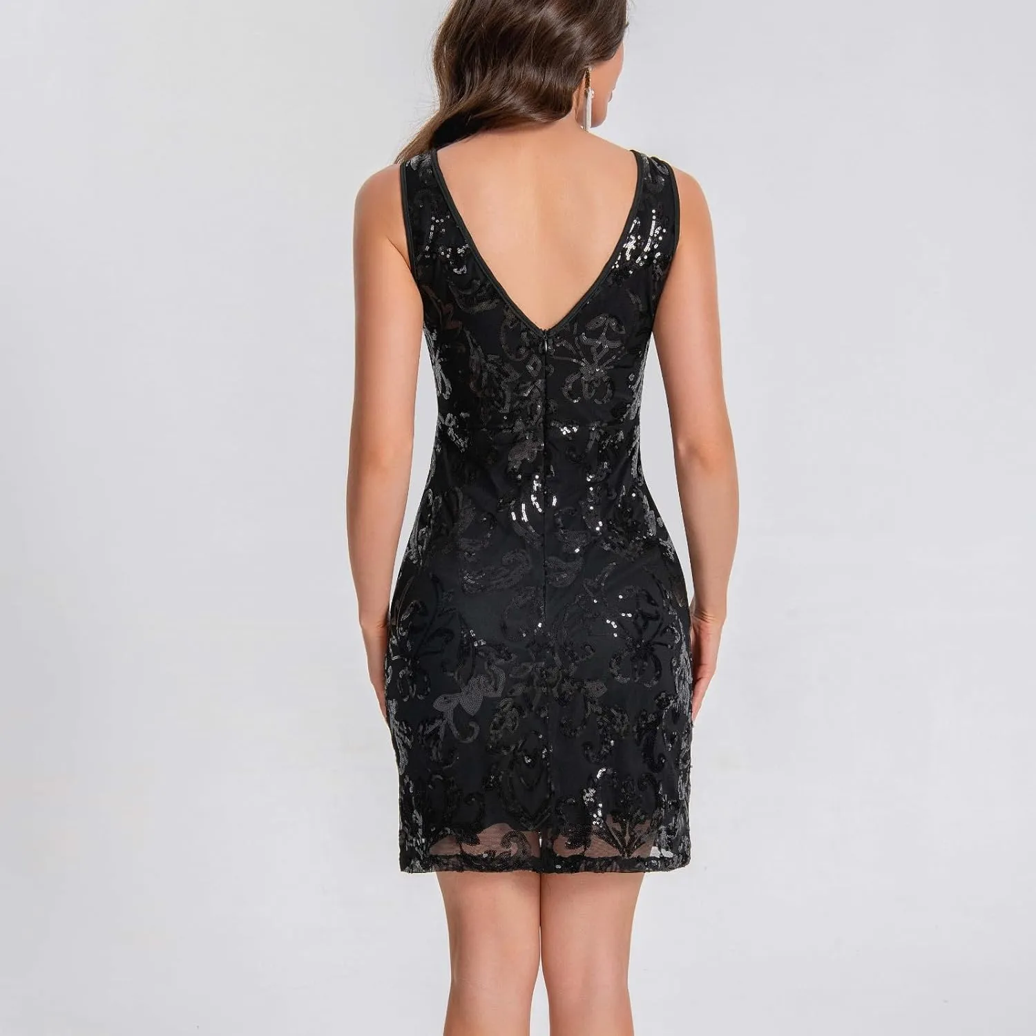 Womens Sequin Embroidered Bodycon Dresses Glitter Shiny Sleeveless Mini Dresses V Neck Glitter Party Night Club Dress