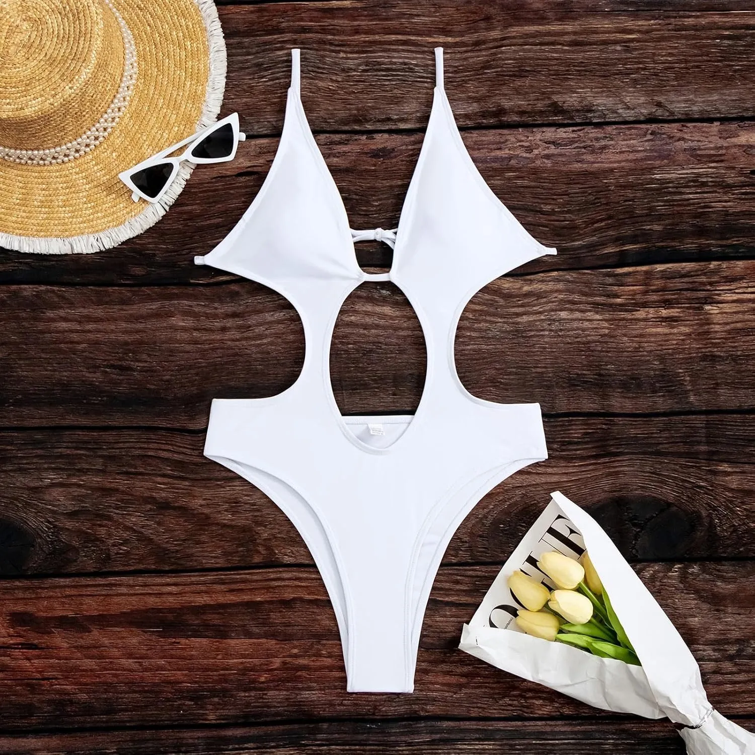 Women's Sexy Cutout Backless One Piece Swimsuit High Waisted Wrapped Back Tie Bathing Suit Tummy Control Slimming Swimwear