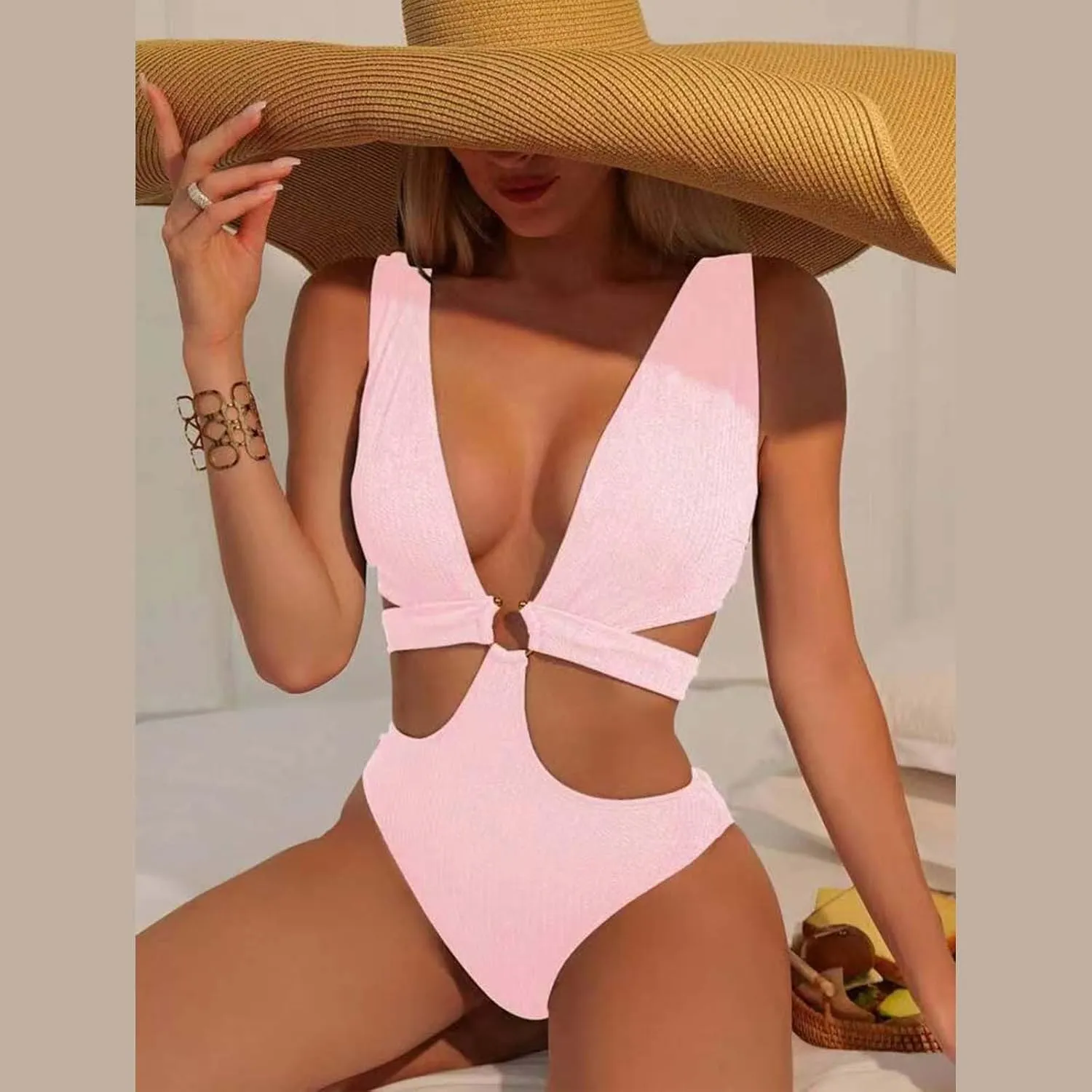 Womens Sexy Deep V Neck Cutout One Piece Swimsuits O Ring Push Up Backless Bathing Suits Tummy Control Modest Swimwear
