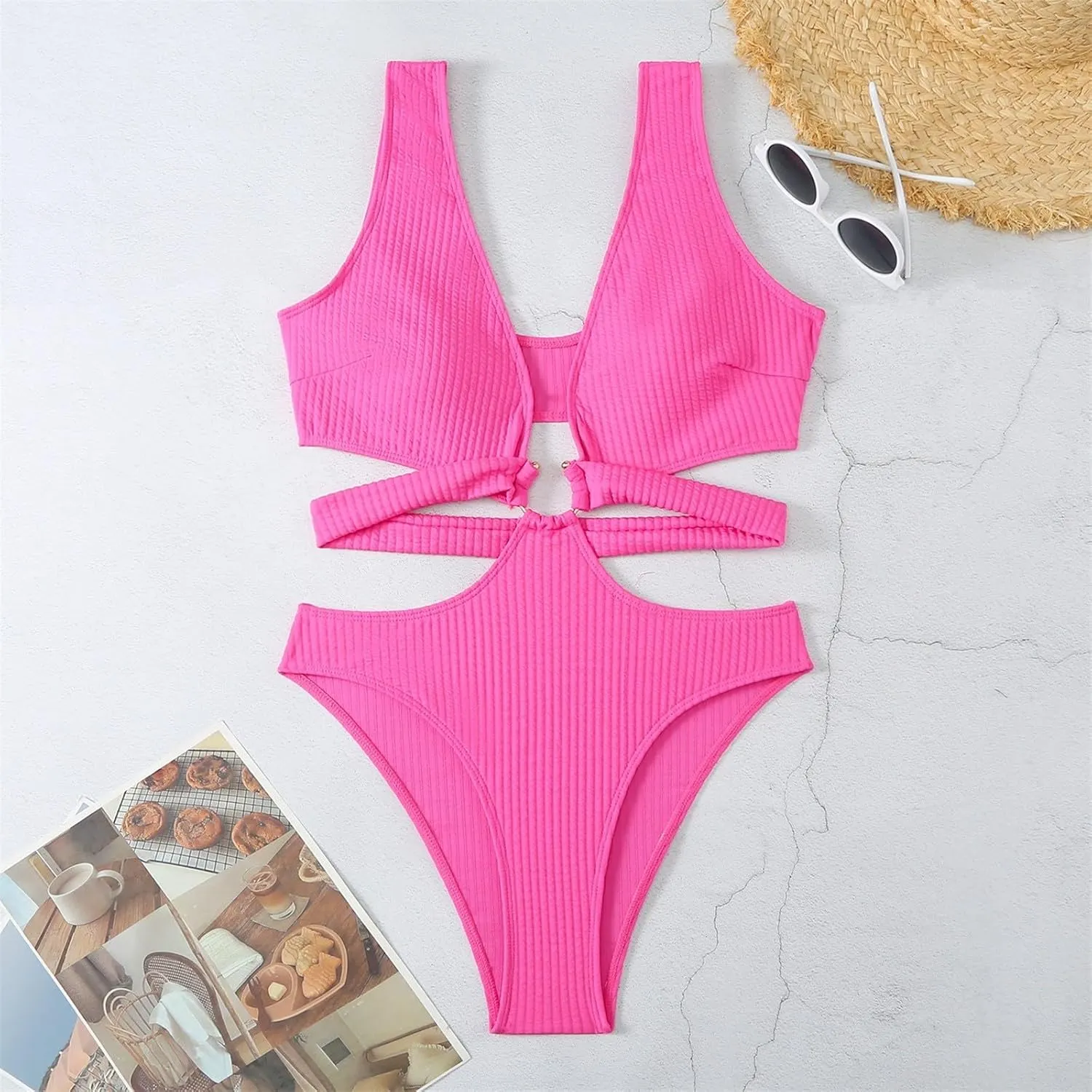 Womens Sexy Deep V Neck Cutout One Piece Swimsuits O Ring Push Up Backless Bathing Suits Tummy Control Modest Swimwear
