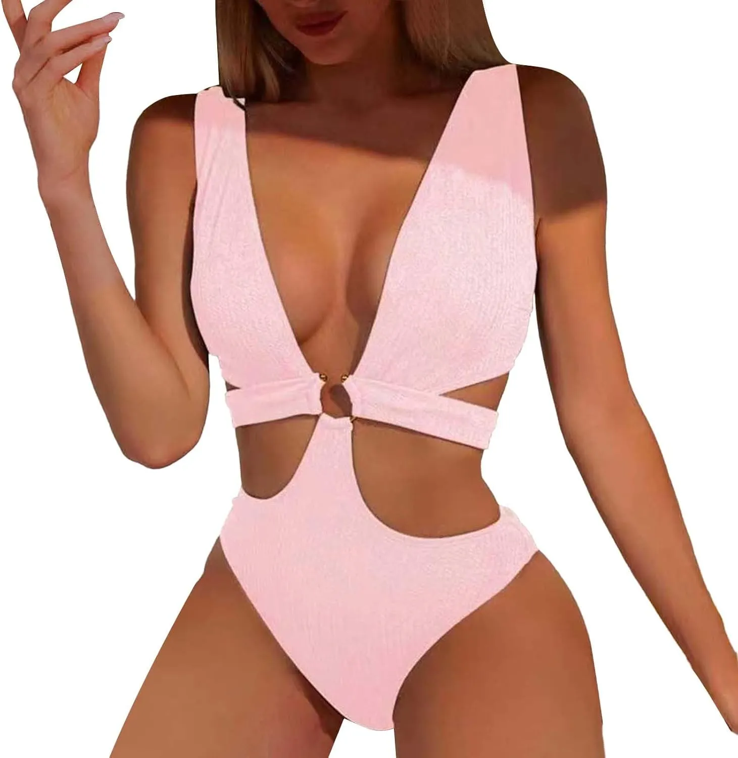 Womens Sexy Deep V Neck Cutout One Piece Swimsuits O Ring Push Up Backless Bathing Suits Tummy Control Modest Swimwear
