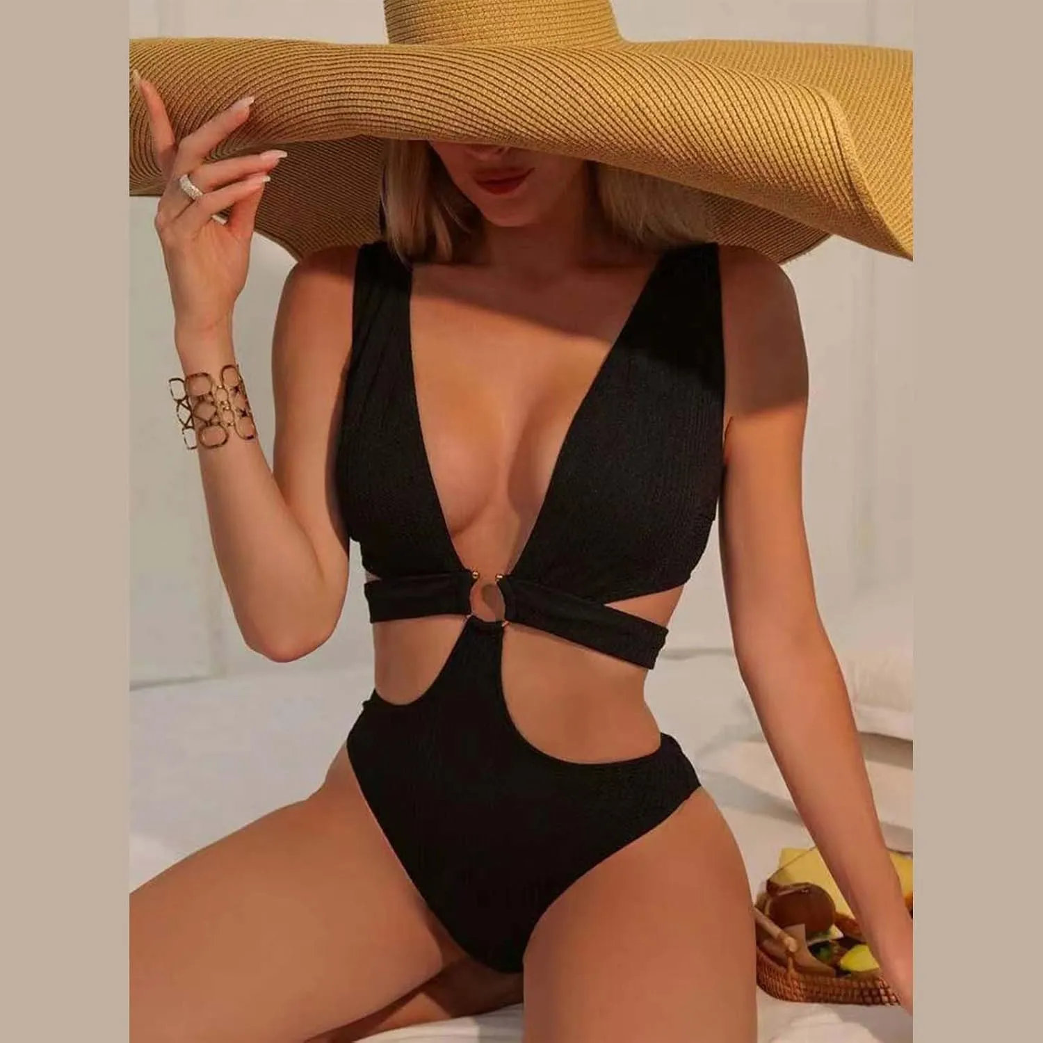 Womens Sexy Deep V Neck Cutout One Piece Swimsuits O Ring Push Up Backless Bathing Suits Tummy Control Modest Swimwear