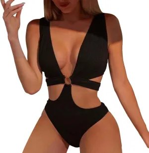 Womens Sexy Deep V Neck Cutout One Piece Swimsuits O Ring Push Up Backless Bathing Suits Tummy Control Modest Swimwear