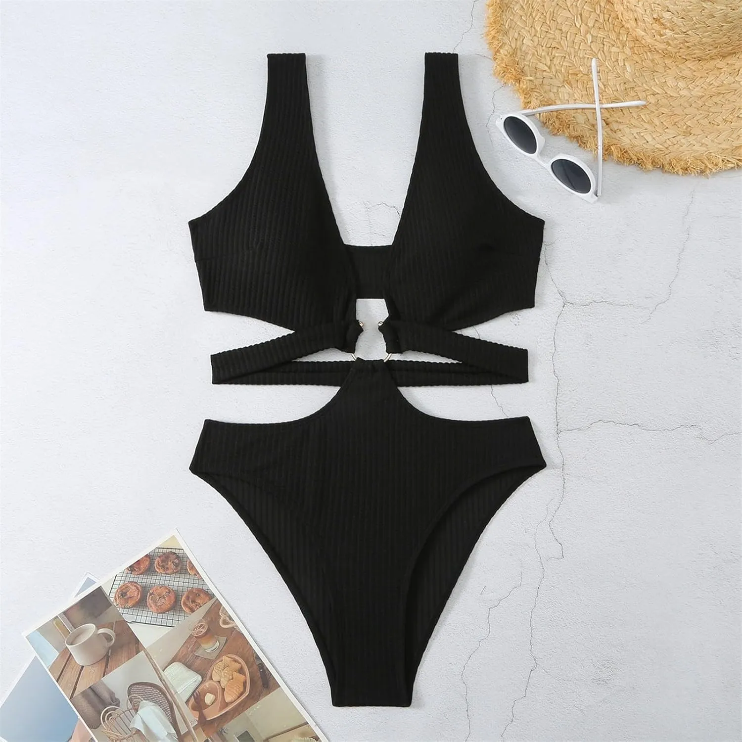 Womens Sexy Deep V Neck Cutout One Piece Swimsuits O Ring Push Up Backless Bathing Suits Tummy Control Modest Swimwear