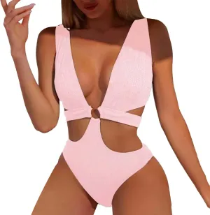 Womens Sexy Deep V Neck Cutout One Piece Swimsuits O Ring Push Up Backless Bathing Suits Tummy Control Modest Swimwear