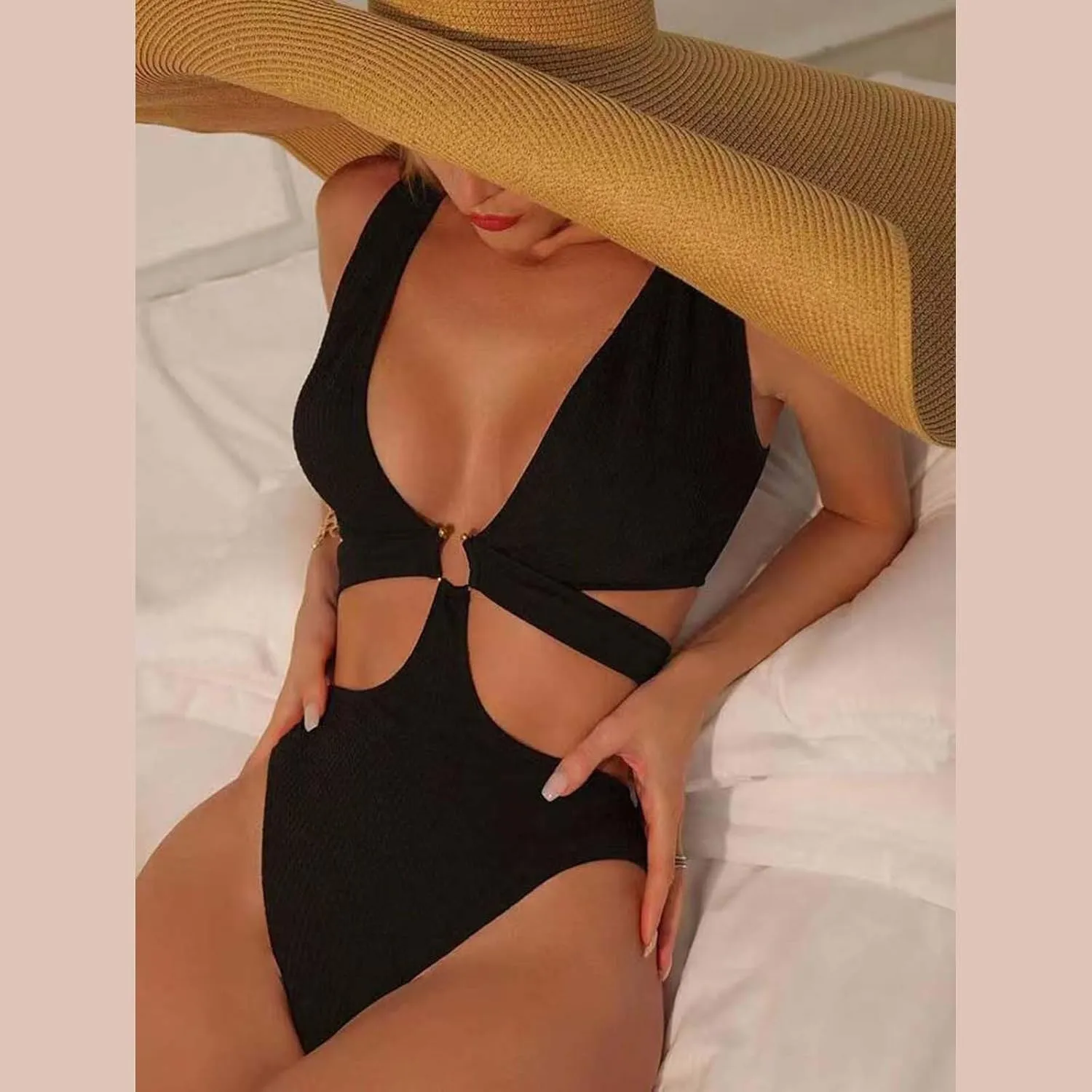 Womens Sexy Deep V Neck Cutout One Piece Swimsuits O Ring Push Up Backless Bathing Suits Tummy Control Modest Swimwear