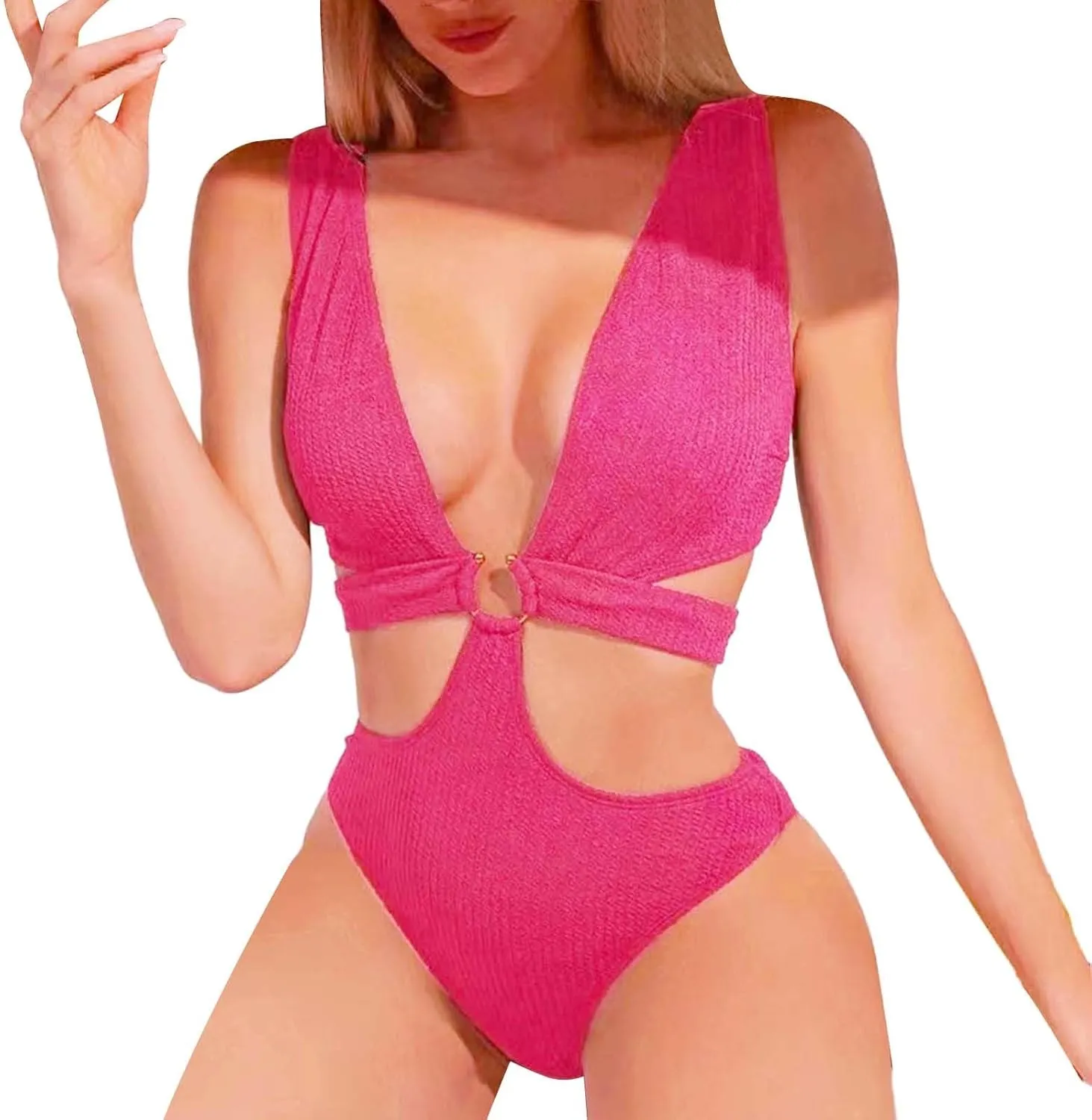 Womens Sexy Deep V Neck Cutout One Piece Swimsuits O Ring Push Up Backless Bathing Suits Tummy Control Modest Swimwear