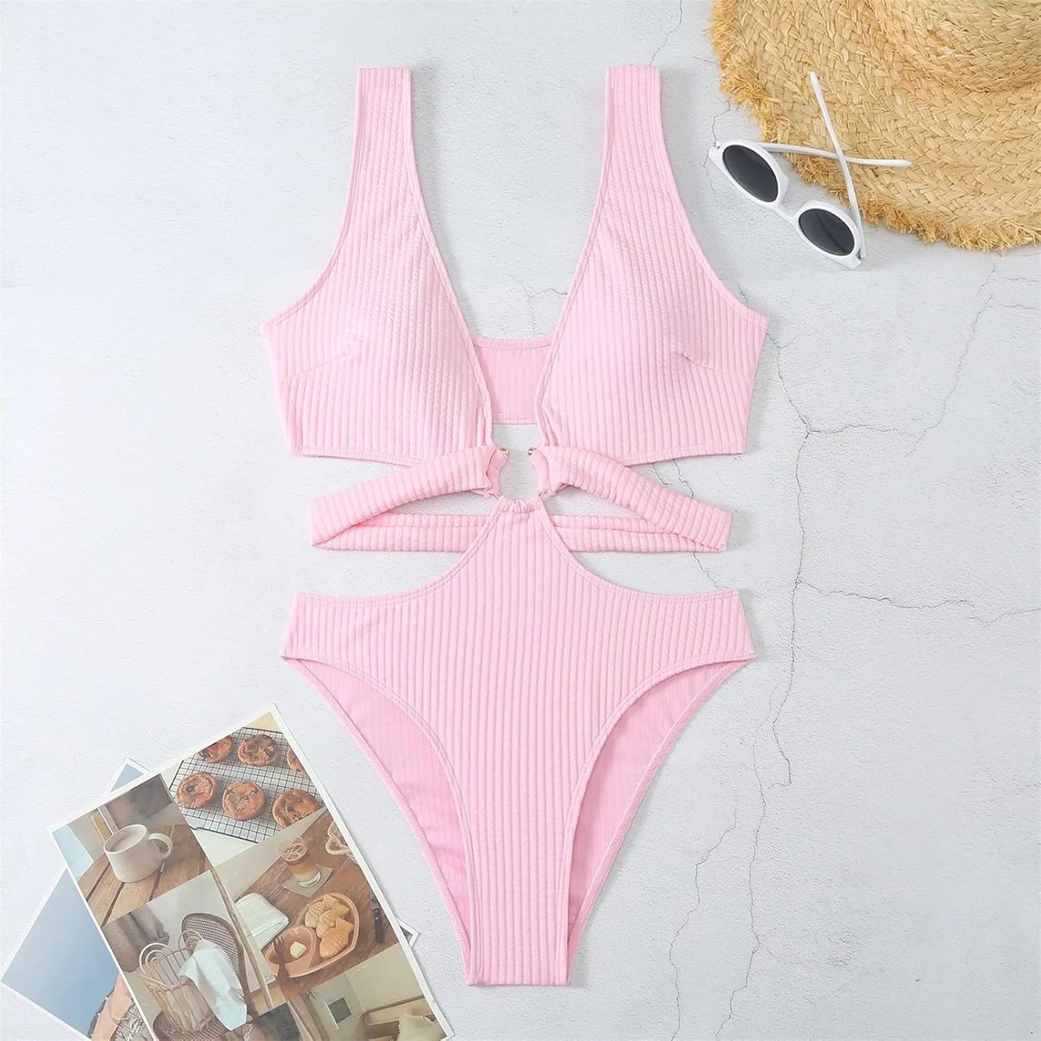 Womens Sexy Deep V Neck Cutout One Piece Swimsuits O Ring Push Up Backless Bathing Suits Tummy Control Modest Swimwear