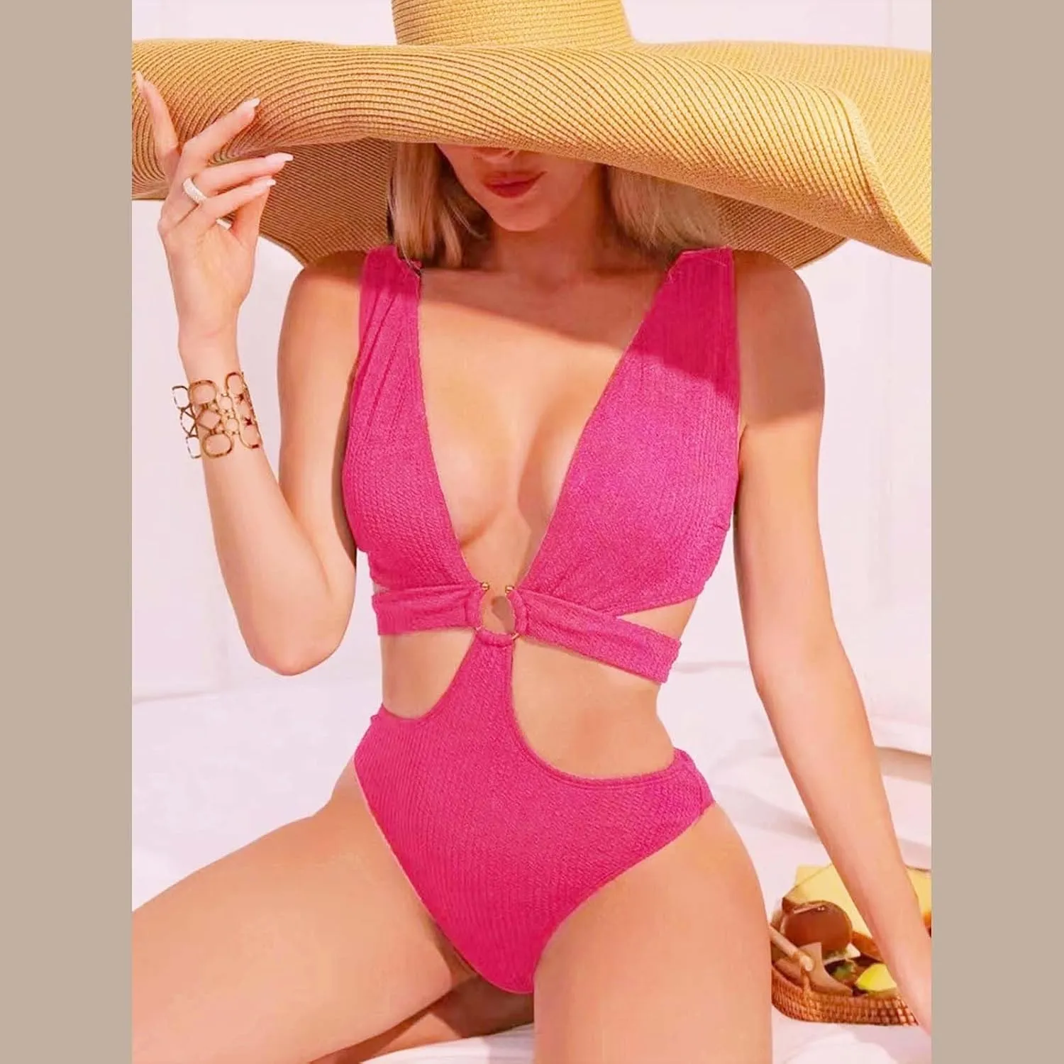 Womens Sexy Deep V Neck Cutout One Piece Swimsuits O Ring Push Up Backless Bathing Suits Tummy Control Modest Swimwear