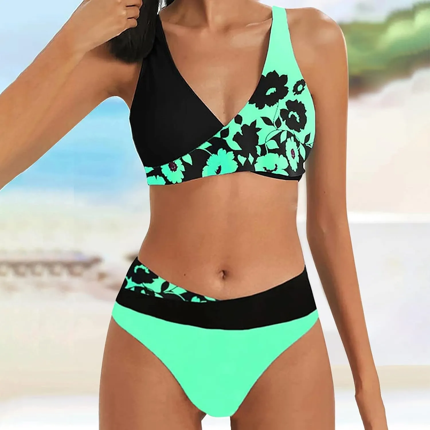 Women's Sexy High Waisted Bikini Sets Twist Front Two Piece Color Block Halter Swimsuit Push Up Bathing Suit Beach Outfits