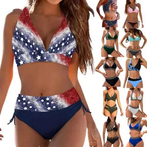 Women's Sexy High Waisted Bikini Sets Twist Front Two Piece Color Block Halter Swimsuit Push Up Bathing Suit Beach Outfits