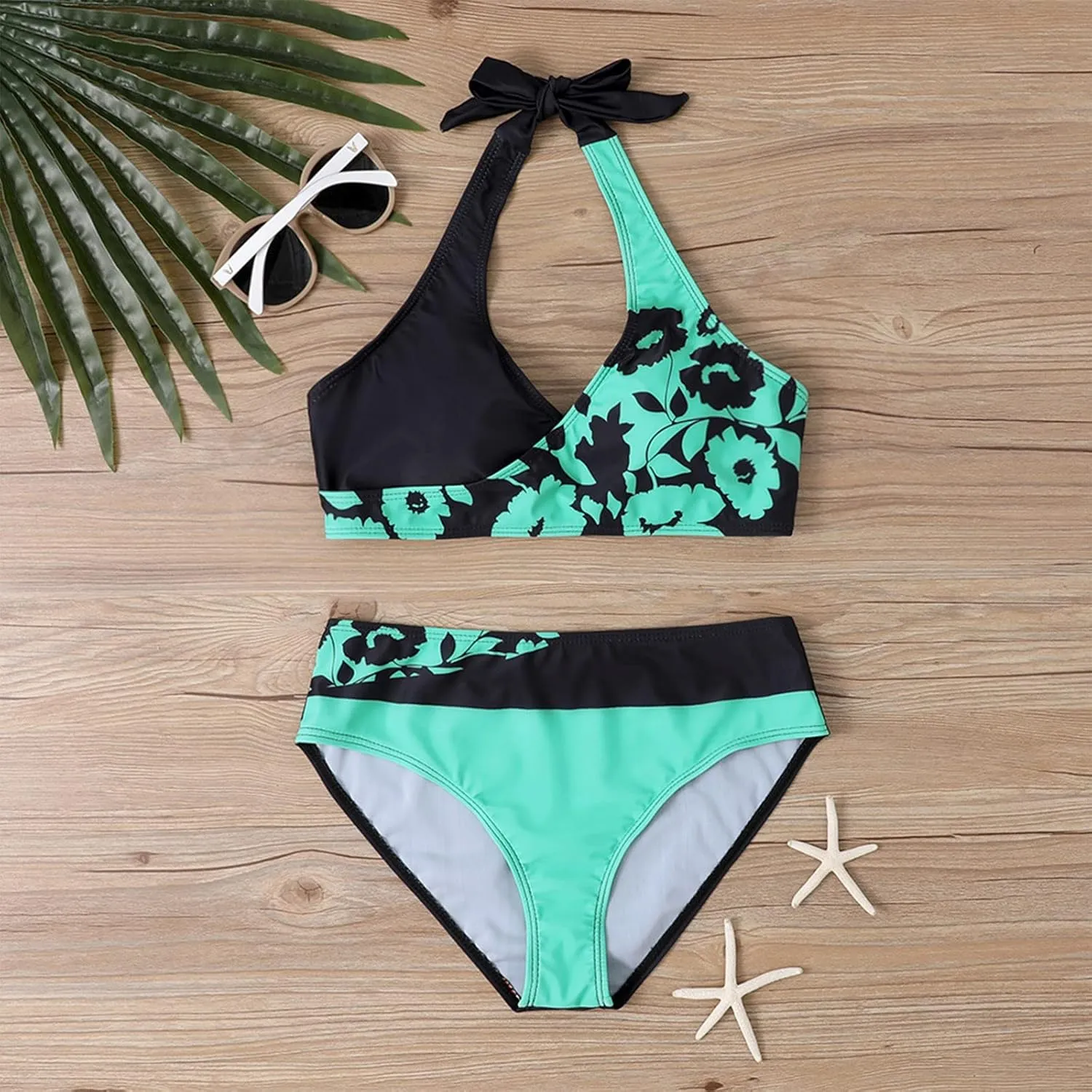 Women's Sexy High Waisted Bikini Sets Twist Front Two Piece Color Block Halter Swimsuit Push Up Bathing Suit Beach Outfits