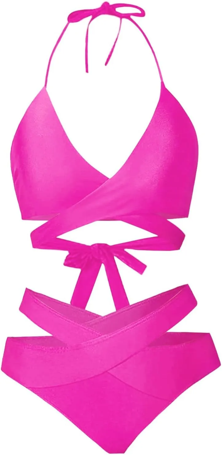 Women's Sexy High Waisted Bikini Sets Twist Front Two Piece Color Block Halter Swimsuit Push Up Bathing Suit Beach Outfits