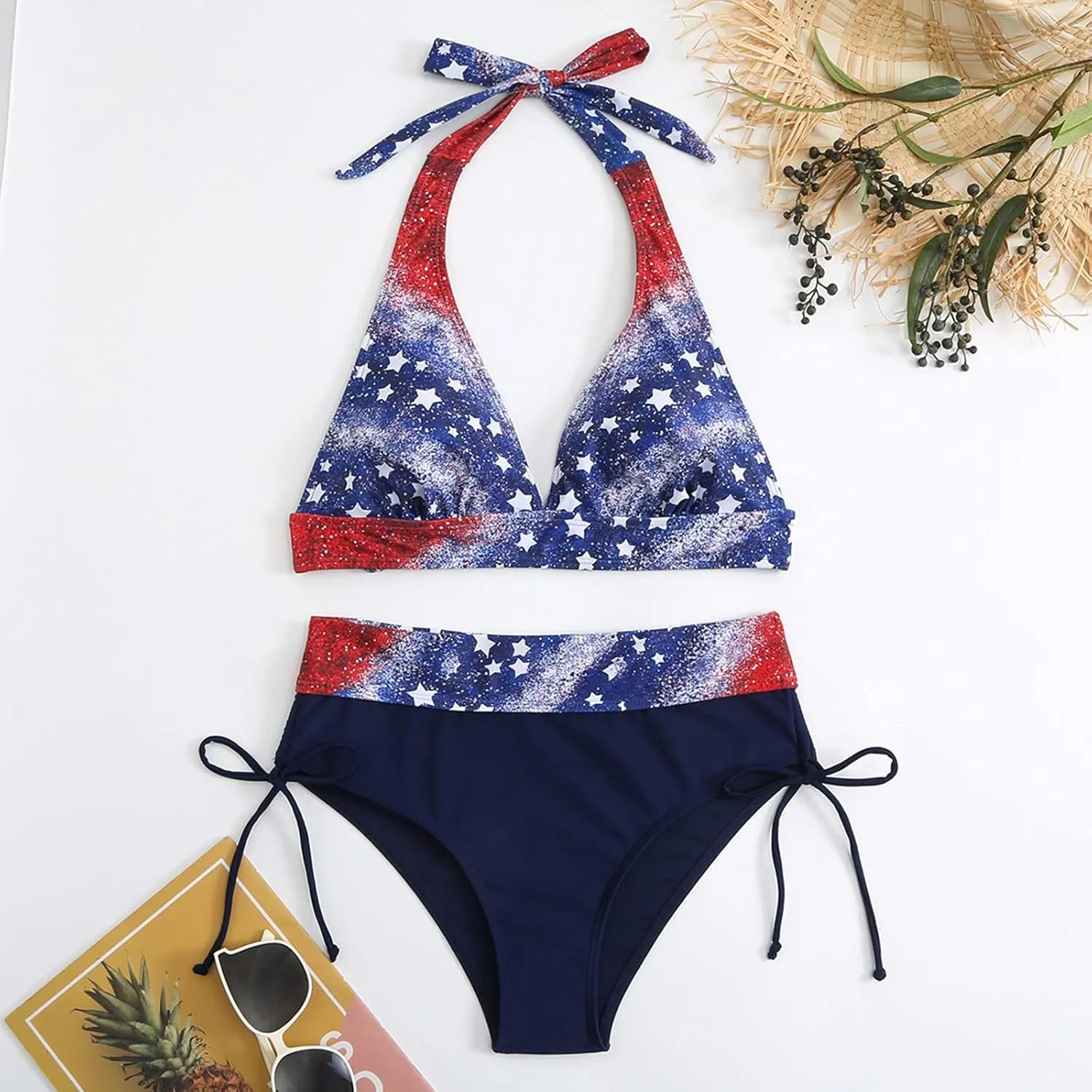 Women's Sexy High Waisted Bikini Sets Twist Front Two Piece Color Block Halter Swimsuit Push Up Bathing Suit Beach Outfits