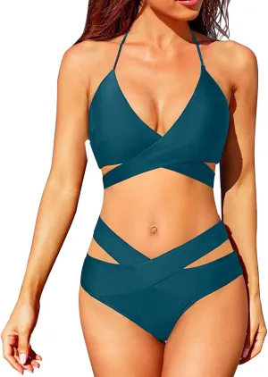 Women's Sexy High Waisted Bikini Sets Twist Front Two Piece Color Block Halter Swimsuit Push Up Bathing Suit Beach Outfits
