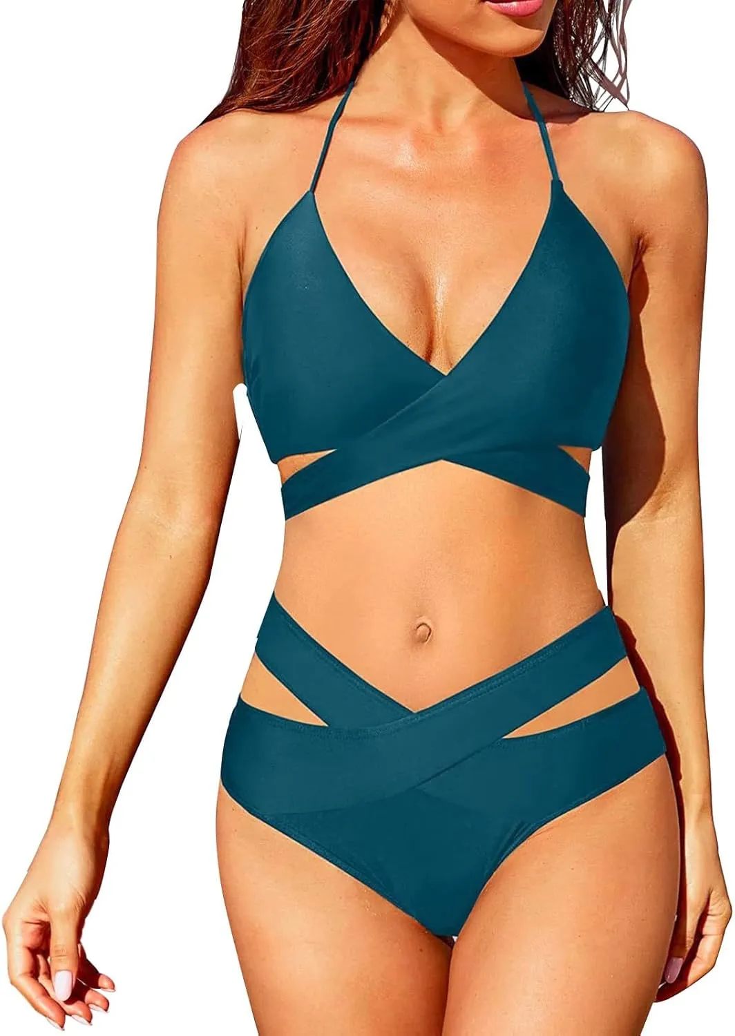 Women's Sexy High Waisted Bikini Sets Twist Front Two Piece Color Block Halter Swimsuit Push Up Bathing Suit Beach Outfits