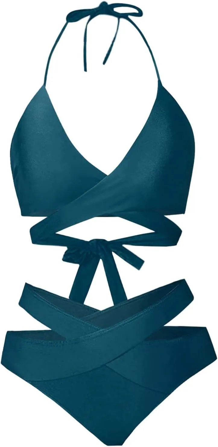 Women's Sexy High Waisted Bikini Sets Twist Front Two Piece Color Block Halter Swimsuit Push Up Bathing Suit Beach Outfits