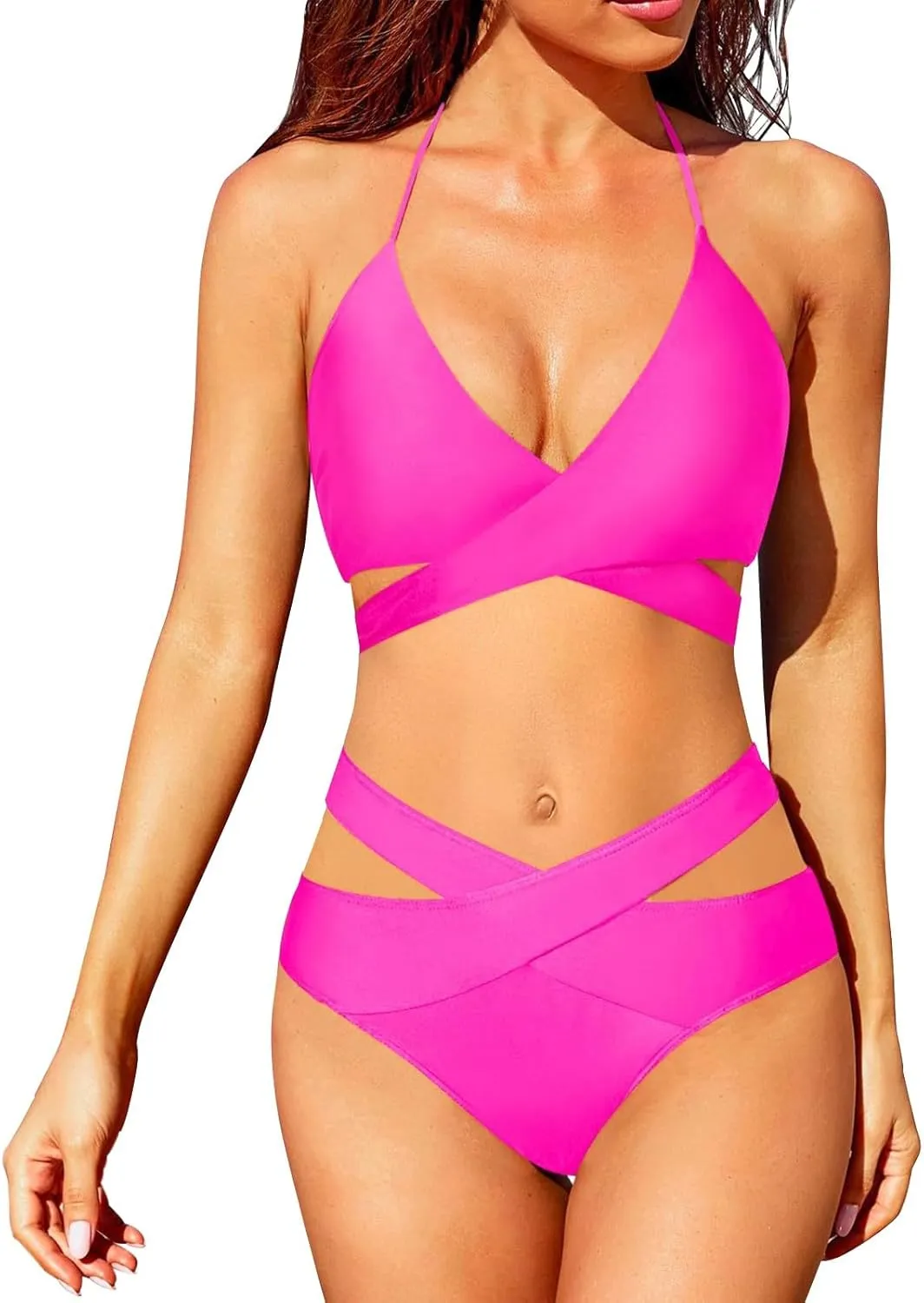 Women's Sexy High Waisted Bikini Sets Twist Front Two Piece Color Block Halter Swimsuit Push Up Bathing Suit Beach Outfits