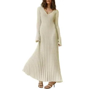Women's Sexy Long Maxi Dress V Neck Backless Slim Fit Pencil Long Dress Bodycon Party Clubwear Dresses (G-Beige V Neck Knit,M)