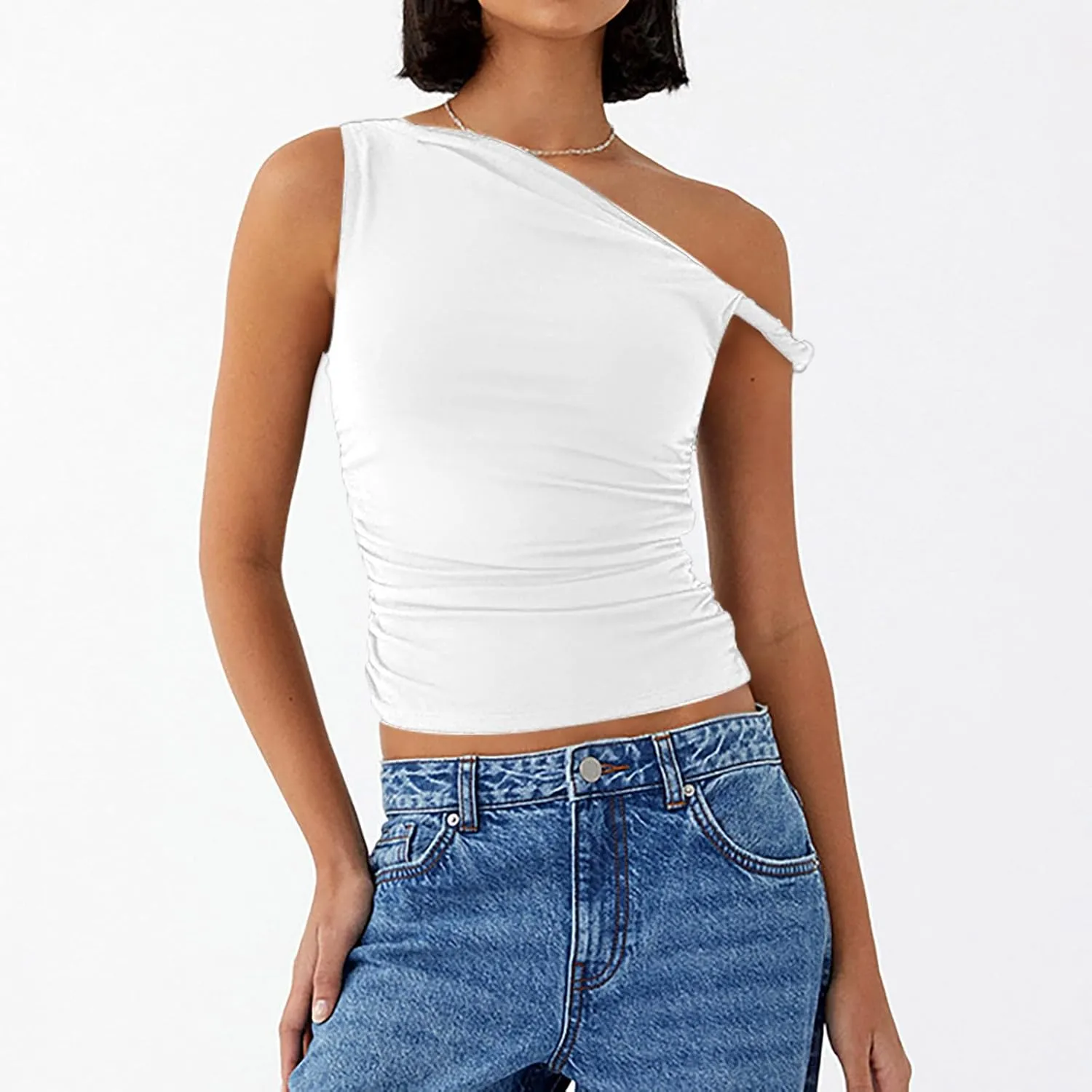 Women's Sexy One Shoulder Asymmetric Tank Tops, Fashion Sleeveless Bodycon Slim Summer Shirts Streetwear Y2K Clothes