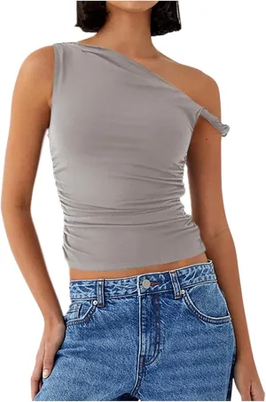 Women's Sexy One Shoulder Asymmetric Tank Tops, Fashion Sleeveless Bodycon Slim Summer Shirts Streetwear Y2K Clothes