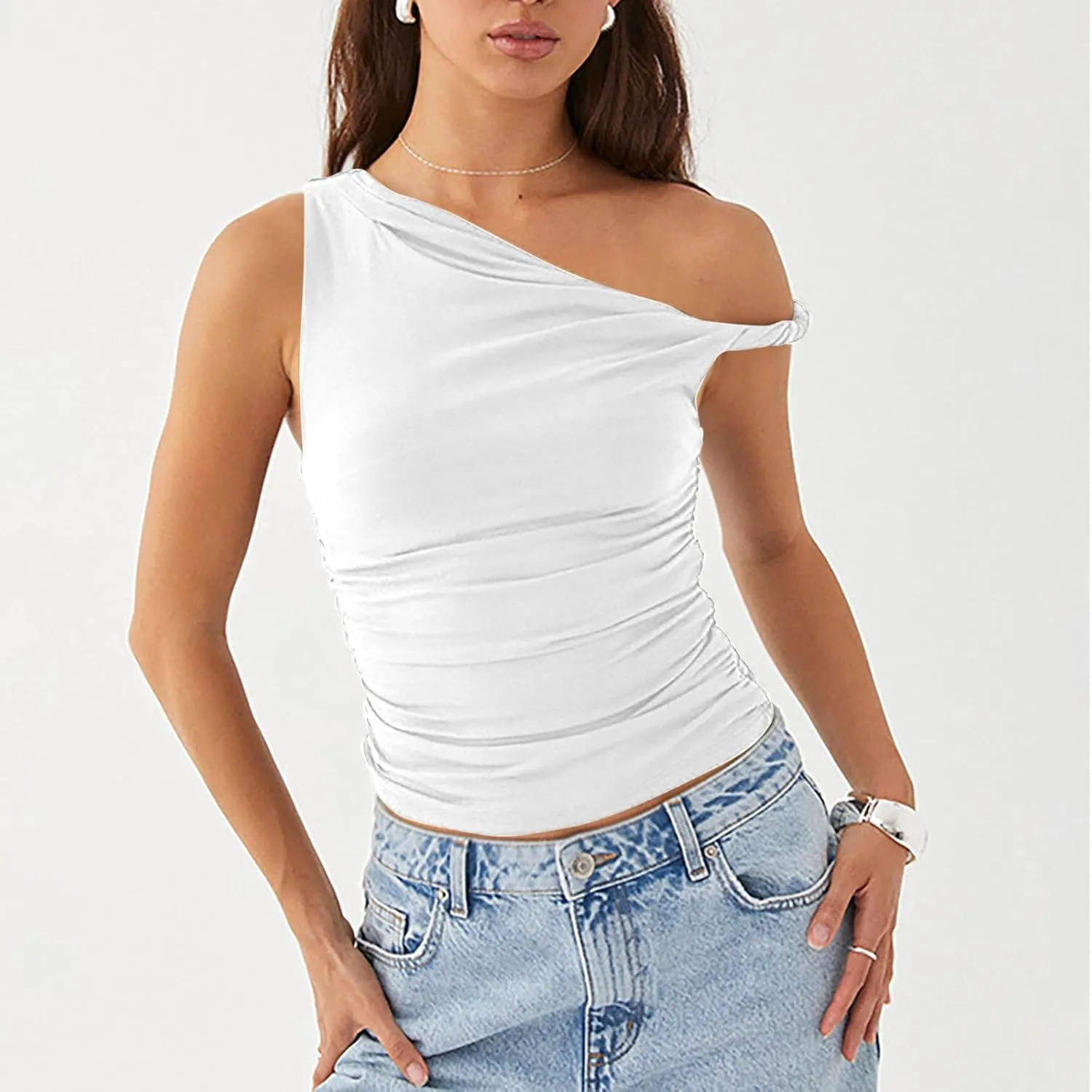 Women's Sexy One Shoulder Asymmetric Tank Tops, Fashion Sleeveless Bodycon Slim Summer Shirts Streetwear Y2K Clothes
