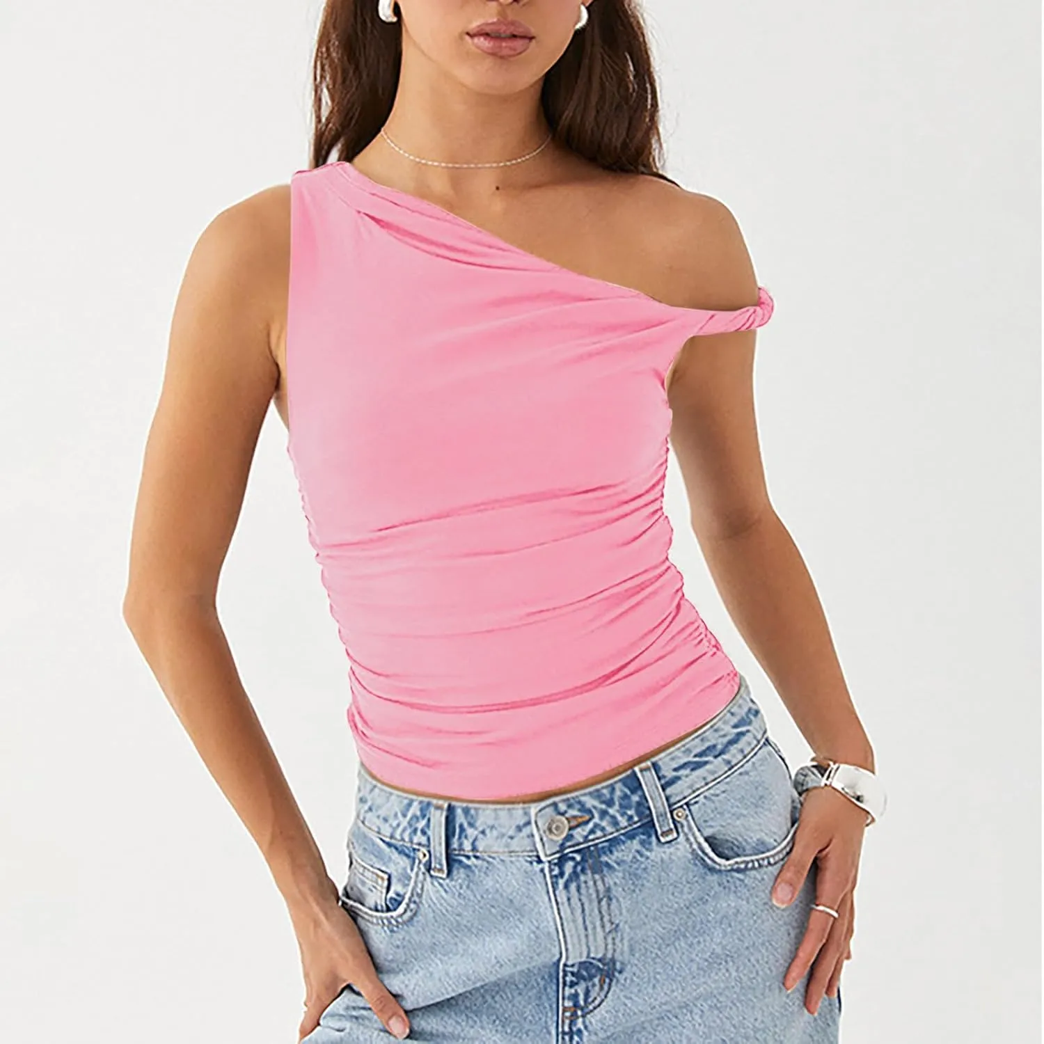 Women's Sexy One Shoulder Asymmetric Tank Tops, Fashion Sleeveless Bodycon Slim Summer Shirts Streetwear Y2K Clothes