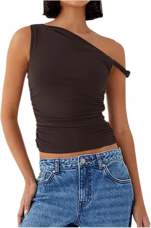 Women's Sexy One Shoulder Asymmetric Tank Tops, Fashion Sleeveless Bodycon Slim Summer Shirts Streetwear Y2K Clothes