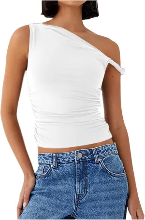 Women's Sexy One Shoulder Asymmetric Tank Tops, Fashion Sleeveless Bodycon Slim Summer Shirts Streetwear Y2K Clothes