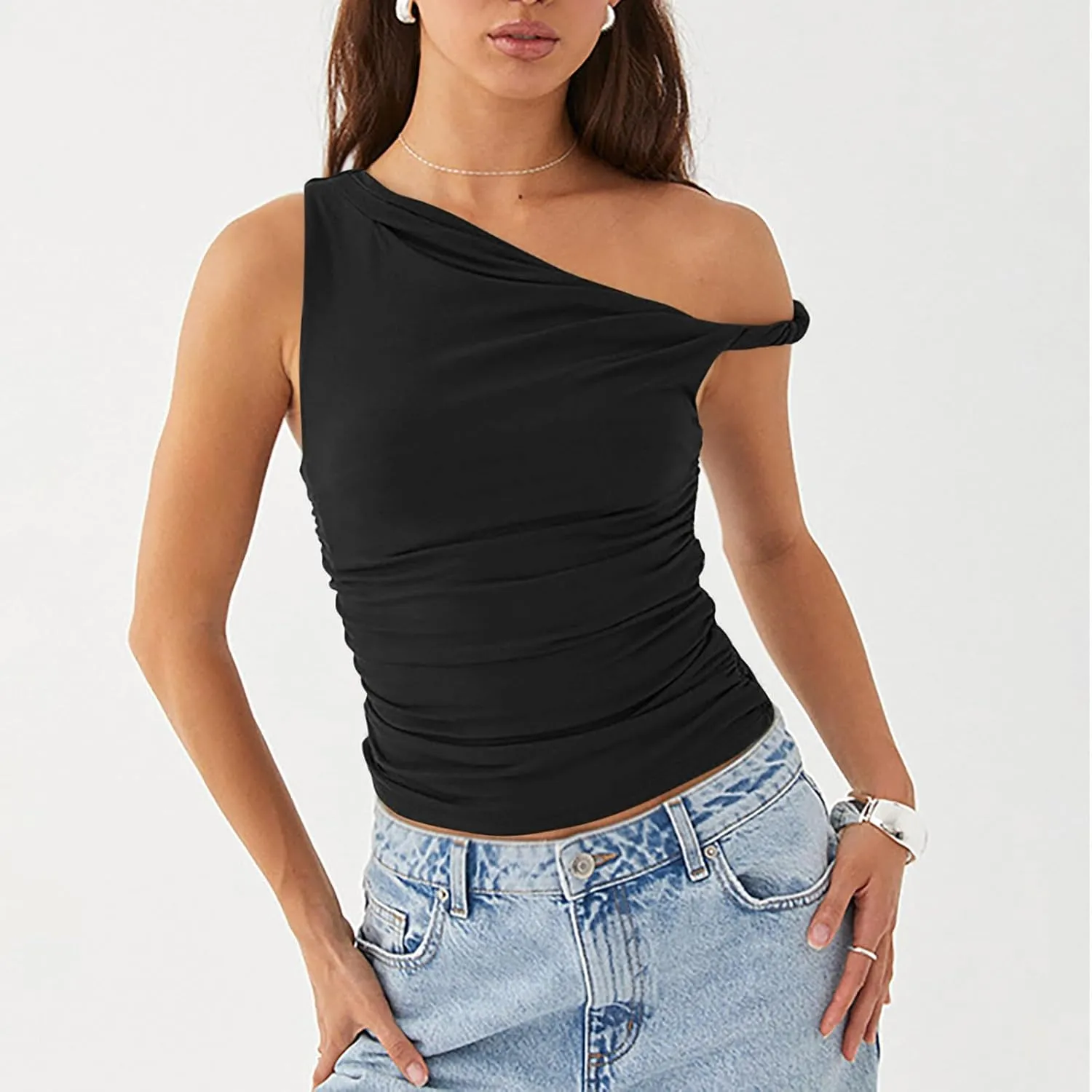 Women's Sexy One Shoulder Asymmetric Tank Tops, Fashion Sleeveless Bodycon Slim Summer Shirts Streetwear Y2K Clothes