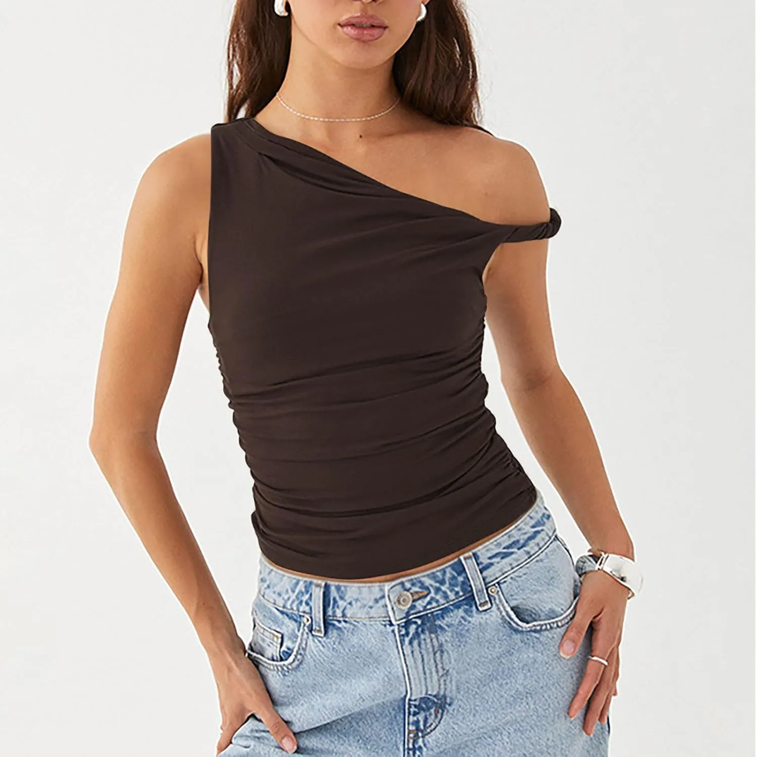 Women's Sexy One Shoulder Asymmetric Tank Tops, Fashion Sleeveless Bodycon Slim Summer Shirts Streetwear Y2K Clothes