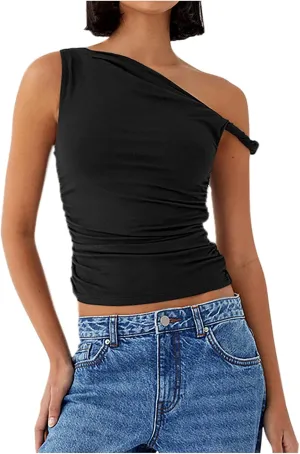Women's Sexy One Shoulder Asymmetric Tank Tops, Fashion Sleeveless Bodycon Slim Summer Shirts Streetwear Y2K Clothes
