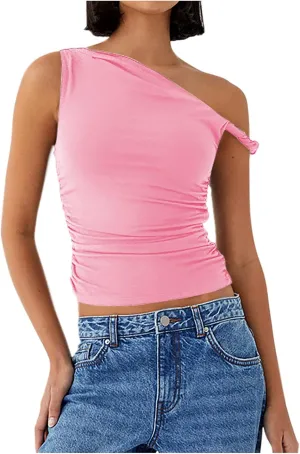 Women's Sexy One Shoulder Asymmetric Tank Tops, Fashion Sleeveless Bodycon Slim Summer Shirts Streetwear Y2K Clothes