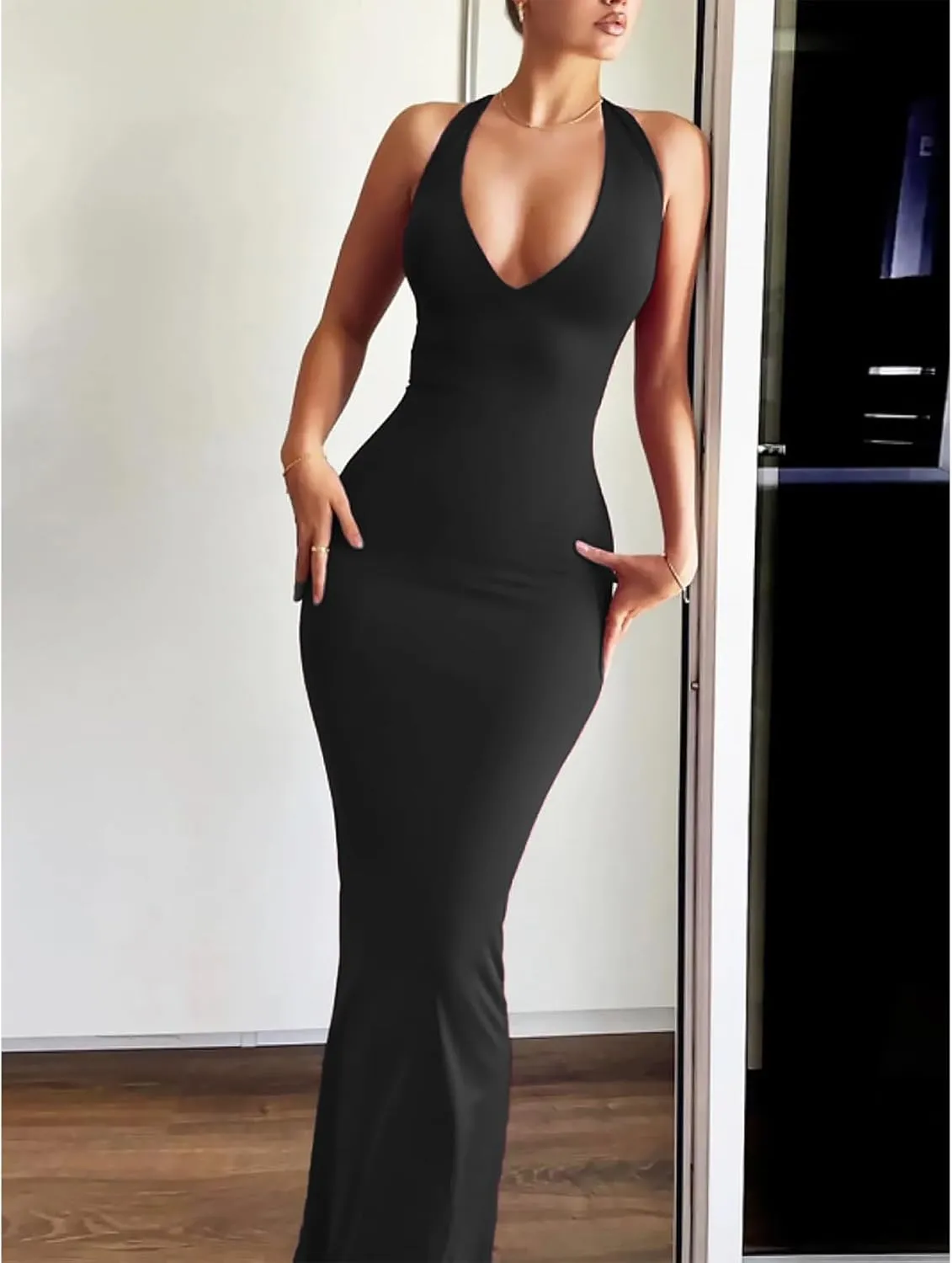 Women's Sexy Sleeveless Summer Backless Deep V Tie Dresses Gathering Backless Slim Long Party Dresses Halter Dresses