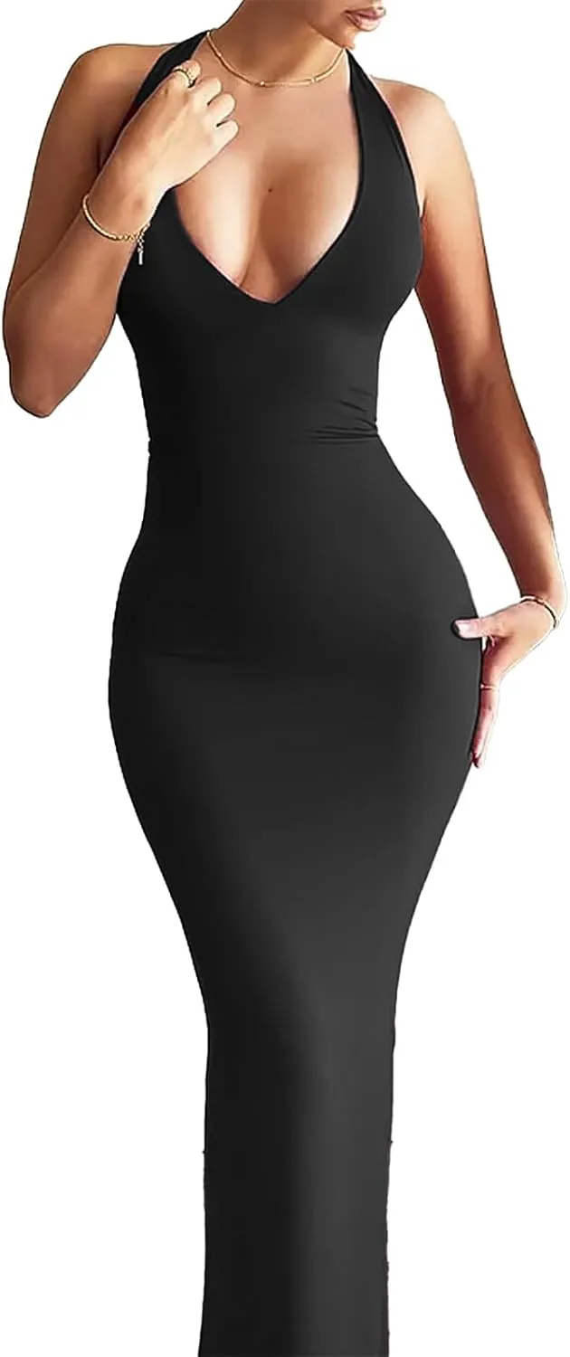 Women's Sexy Sleeveless Summer Backless Deep V Tie Dresses Gathering Backless Slim Long Party Dresses Halter Dresses
