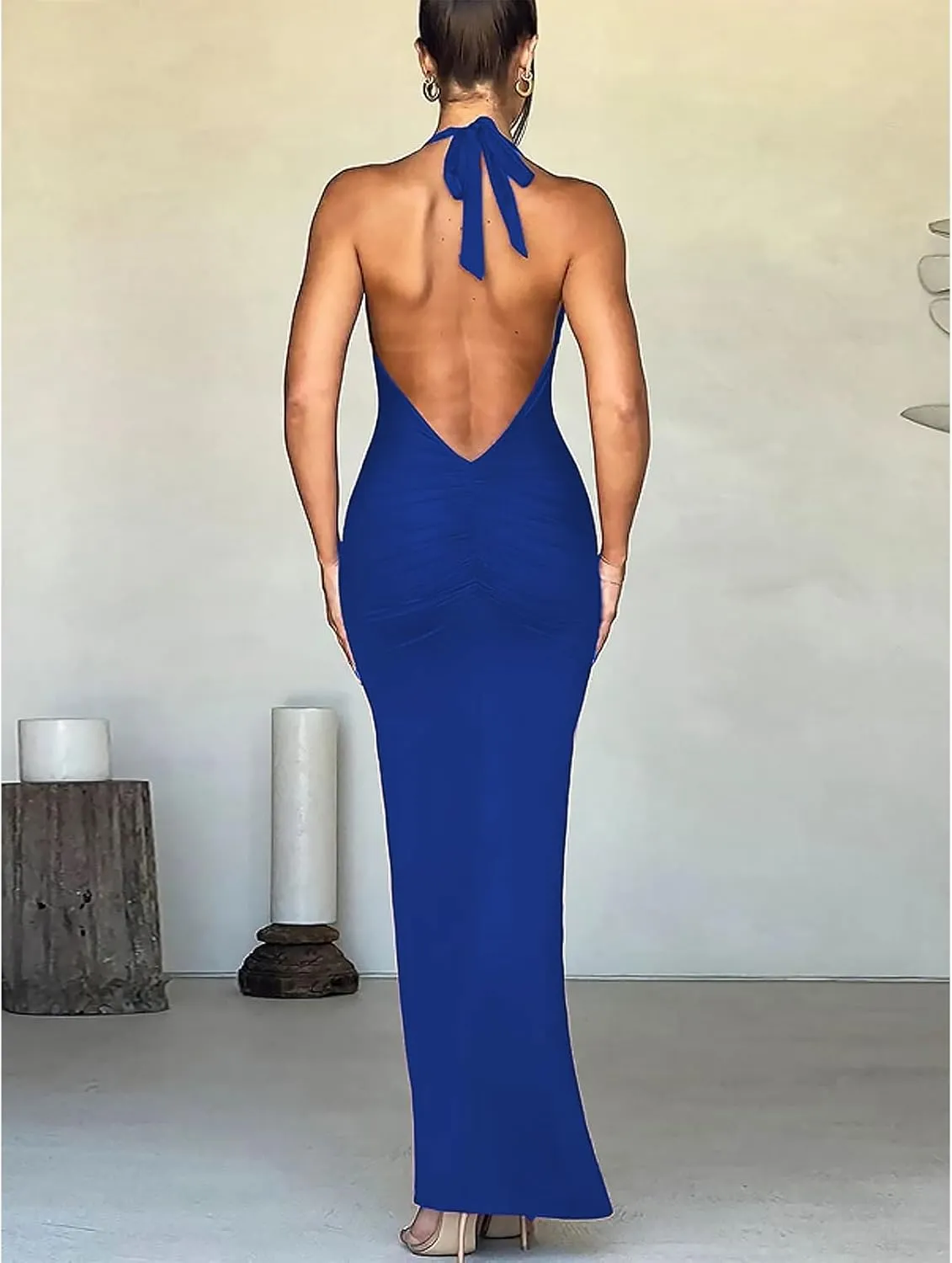 Women's Sexy Sleeveless Summer Backless Deep V Tie Dresses Gathering Backless Slim Long Party Dresses Halter Dresses