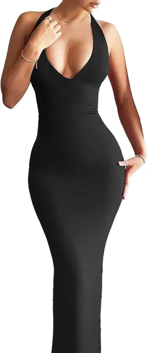 Women's Sexy Sleeveless Summer Backless Deep V Tie Dresses Gathering Backless Slim Long Party Dresses Halter Dresses