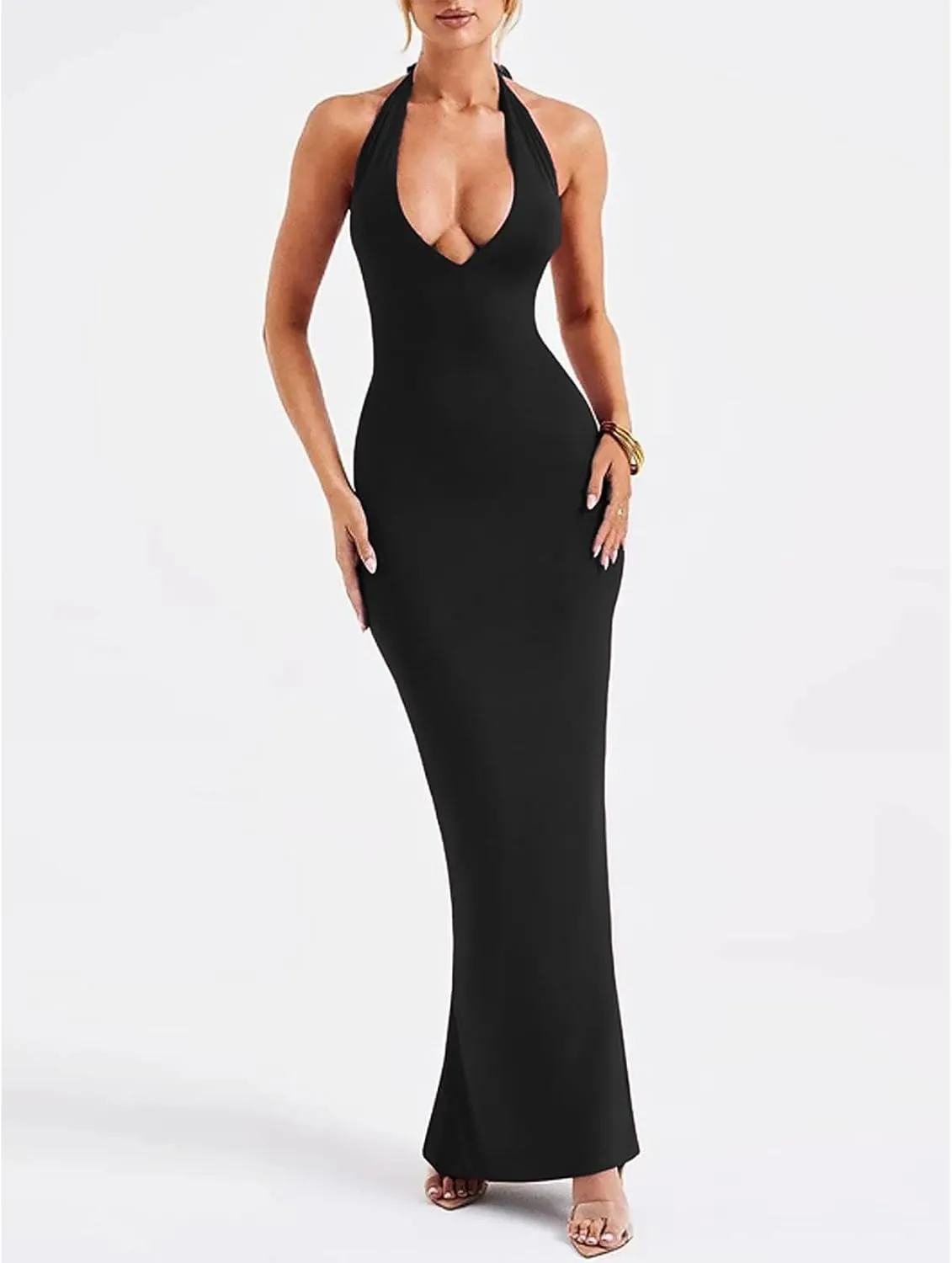 Women's Sexy Sleeveless Summer Backless Deep V Tie Dresses Gathering Backless Slim Long Party Dresses Halter Dresses