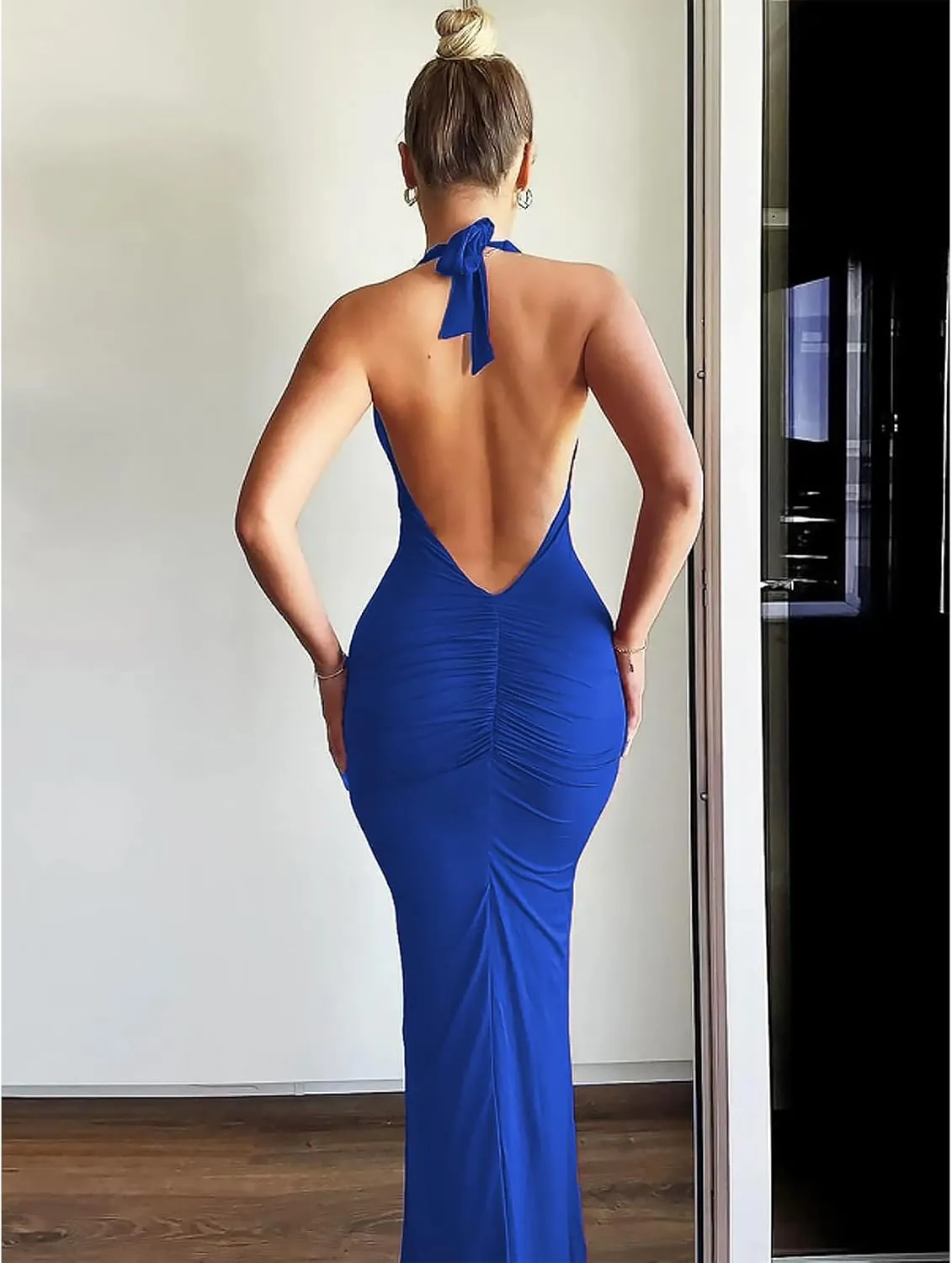 Women's Sexy Sleeveless Summer Backless Deep V Tie Dresses Gathering Backless Slim Long Party Dresses Halter Dresses