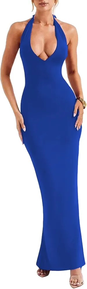 Women's Sexy Sleeveless Summer Backless Deep V Tie Dresses Gathering Backless Slim Long Party Dresses Halter Dresses