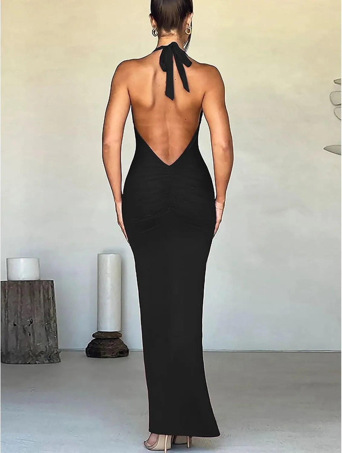Women's Sexy Sleeveless Summer Backless Deep V Tie Dresses Gathering Backless Slim Long Party Dresses Halter Dresses